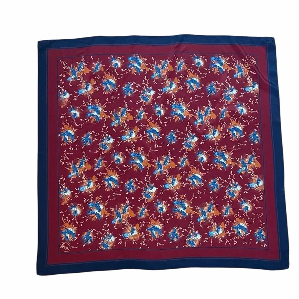 Gucci Silk Scarf Maroon Blue Bird Print Vintage Script Logo 33x33